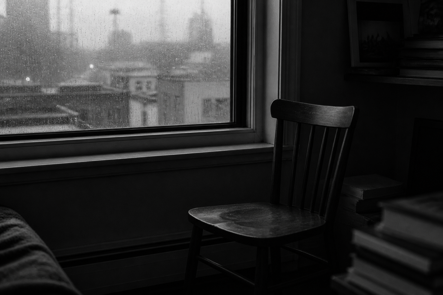 An empty chair beside a rain-streaked apartment window